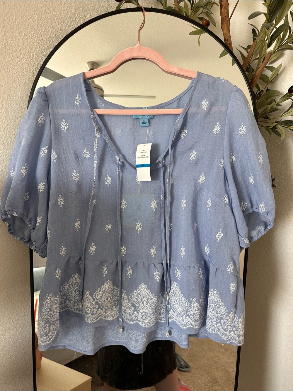 Light Blue Embroidered Peasant Blouse with Tie Neck